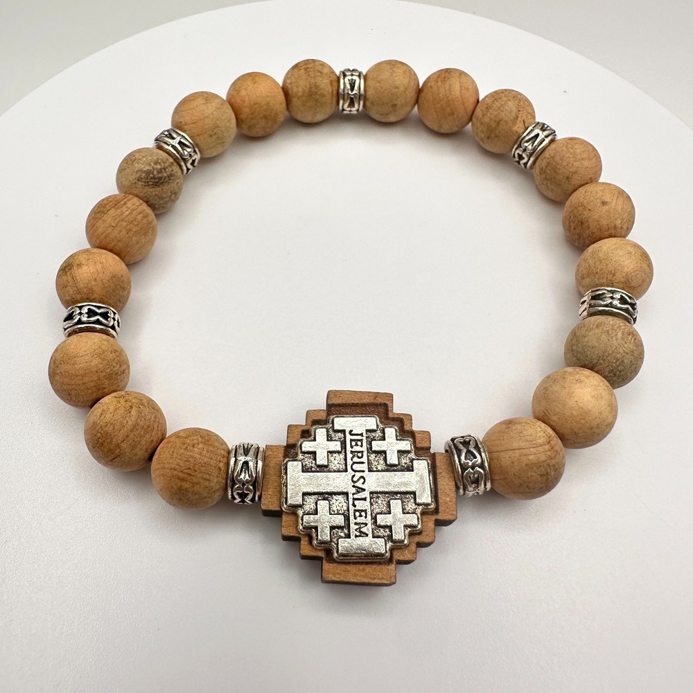 Vintage 90s Jerusalem Cross Stretch Bracelet Olive Wood Beads Religious Jewelry